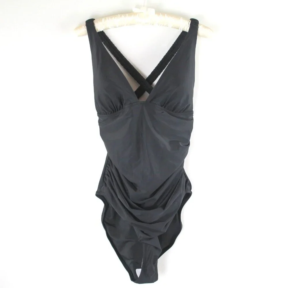 J. Crew Scrunchie Strap Plunge Black One Piece Swimsuit 12 NWOT